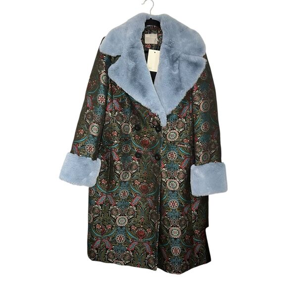 ASOS Jacquard Coat with Faux Fur Trim Women’s 8 NEW - Picture 3 of 8